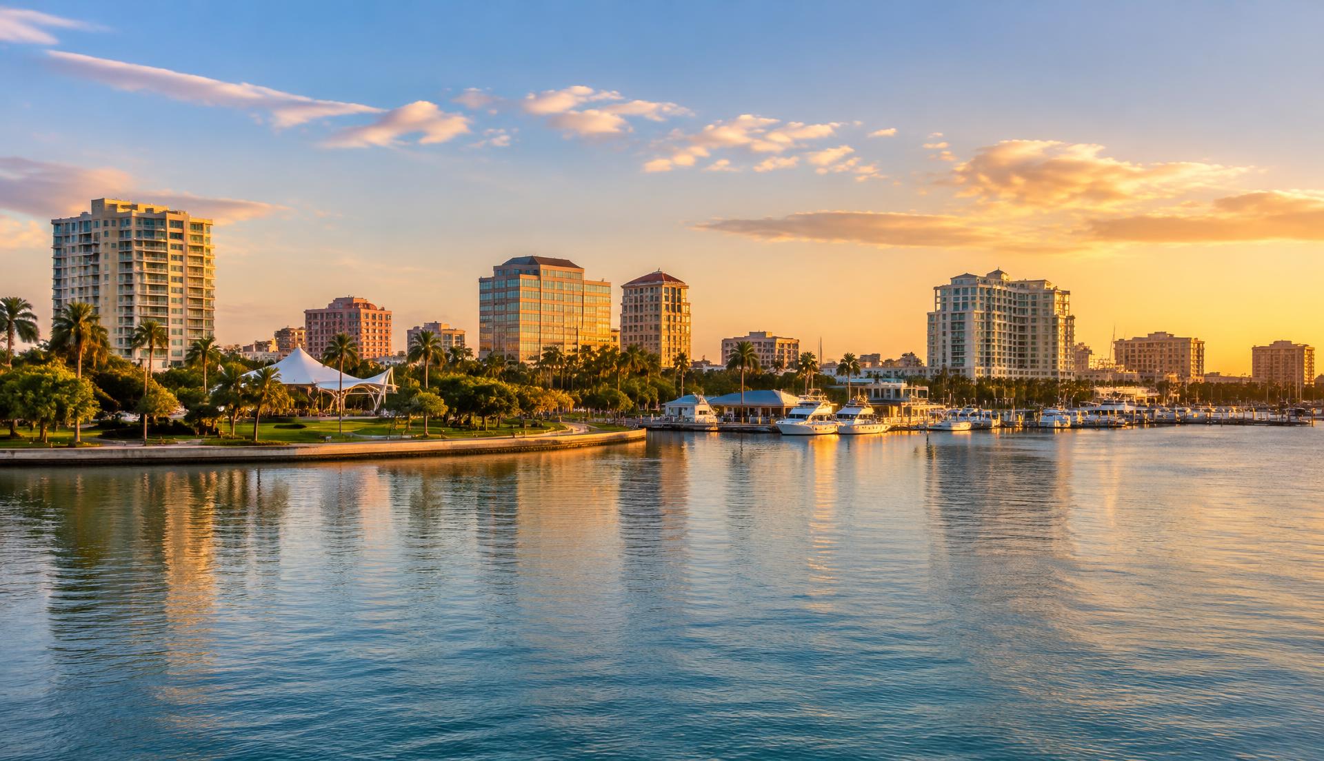 Clearwater waterfront, palm trees and marina at sunset